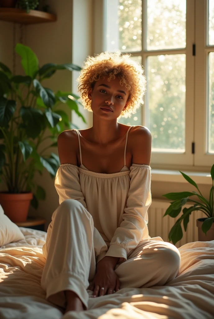 (photorealism:1.2), beautiful fair mixed Black woman with sharp jawline, sitting on bed, wearing loose off-shoulder top, pajama pants, short loose curly blonde hair, indoors, soft lighting, plants in background, dewy window with sunlight, cozy room, relaxed pose, realistic, intricate details, warm colors, 
