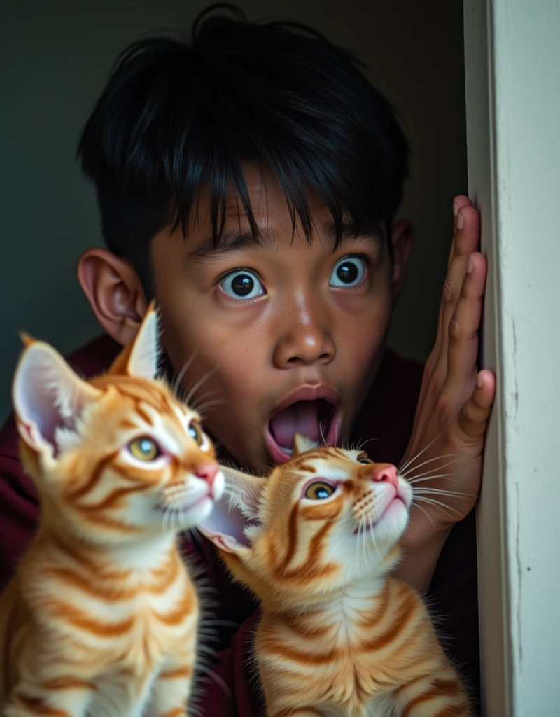 Real photo. an Indonesian young man with a face peeking at something from a window wall, only his eyes and hands were glaring curiously as if shocked to see something strange along with 3 orange cats with shocked expressions. Ultra-realistic 8K photo, taken with Leica Q2, strong color contrast and sharp clarity --ar 9:16 --quality 2 --