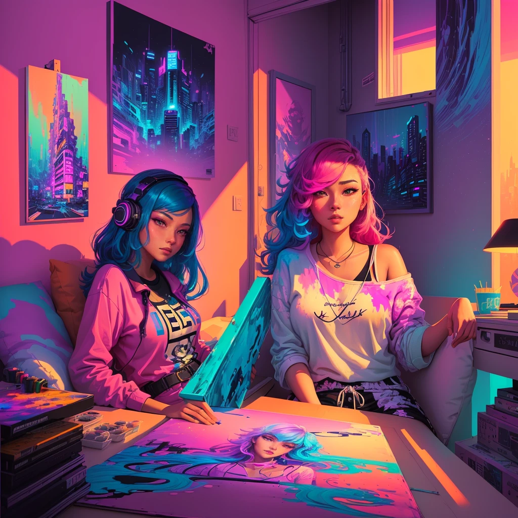 Painting of two women, sitting on a bed in a room overlooking the city, jen bartel, Beeple und Jeremiah Ketner, in the style of Cyril Rolando, von Liam Wong, Quiet night. digitale Illustration, colorful illustration, Lo-Fi-Illustrationsstil, Synthwave-Kunst, Lofi Art, Synthwave-Kunst style, inspired von Liam Wong, Lofi colors