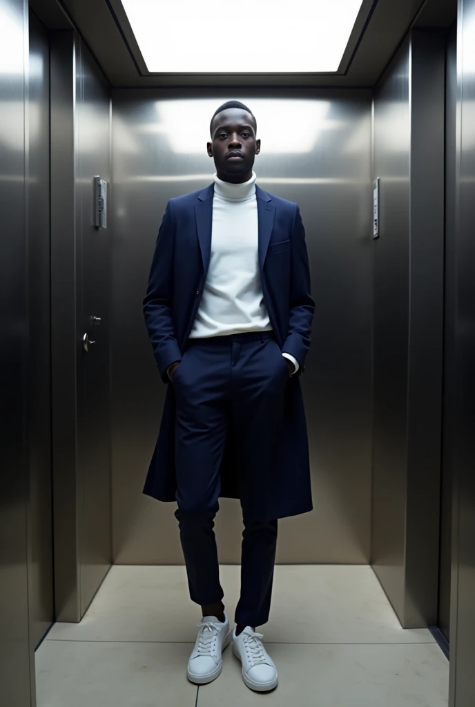best qualityer:1.4), (ultra high resolution:1.2), (photorrealistic:1.4), (8k, CRU photo:1.2), a thin young man of 20 years old, skin black, with a smooth, beardless face, with short hair, with shaved sides and a low top, he is wearing a white turtleneck shirt and a navy blue coat over it. is wearing navy blue dress pants. is wearing white sneakers. It's in an elevator. Photographer is taking the picture.