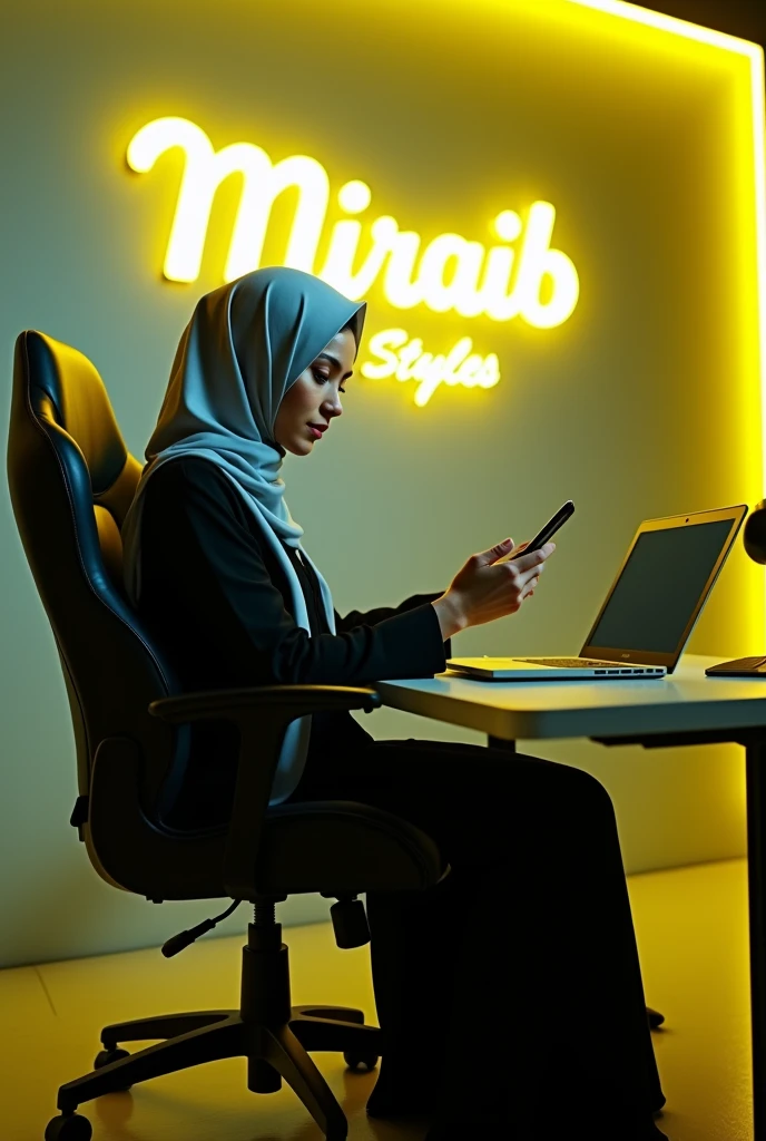 An Islamic women sitting in gaming chair wearing islamic dress and face face is my side eye contact with me and front Audience in front table leptop and Mobile stand  "miraib Styles" Yellow neown lighting room background in gray wall writing "Miraib Styles" White colour Yellow neown glow