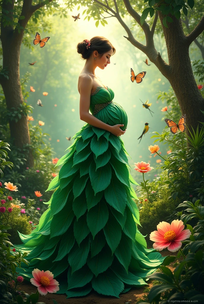 princess maternity in jungle . wearing a leaf made dress
