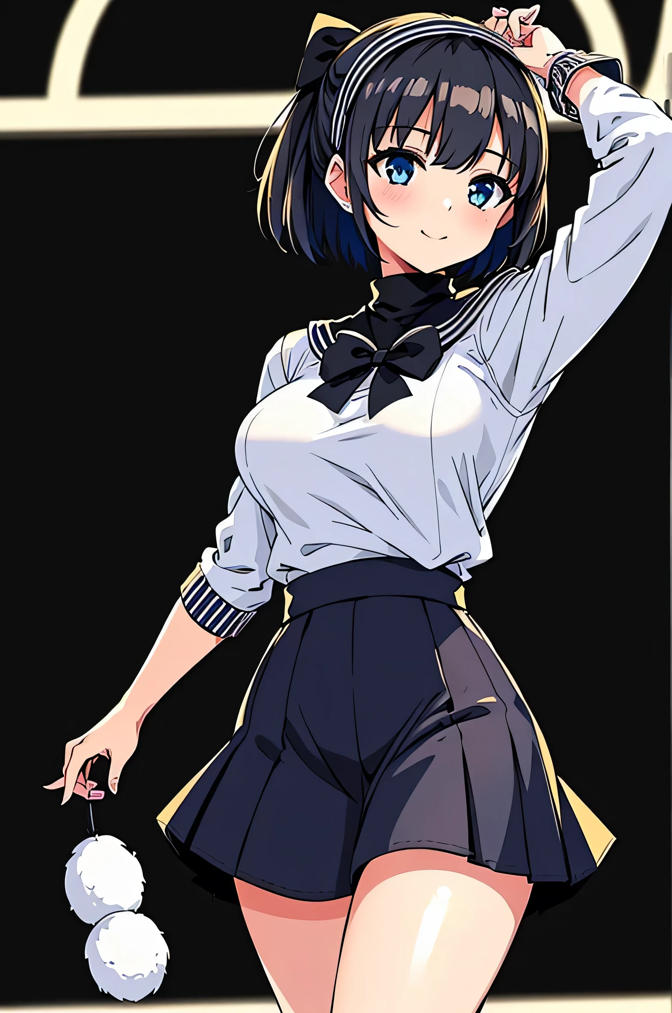 all intricate details, masterpiece, best quality, highres, 1girl, solo, jewelry, skirt, sweater, necklace, black skirt, black hair, short hair, ribbed sweater, socks, turtleneck sweater, turtleneck, white socks, blue eyes, long sleeves, pleated skirt, ribbon, breasts, bow, hair ribbon, hairband, hair bow, bangs, firm breasts, medium breasts, sarashina ruka, cowboy shot, smile, random sexy angle.