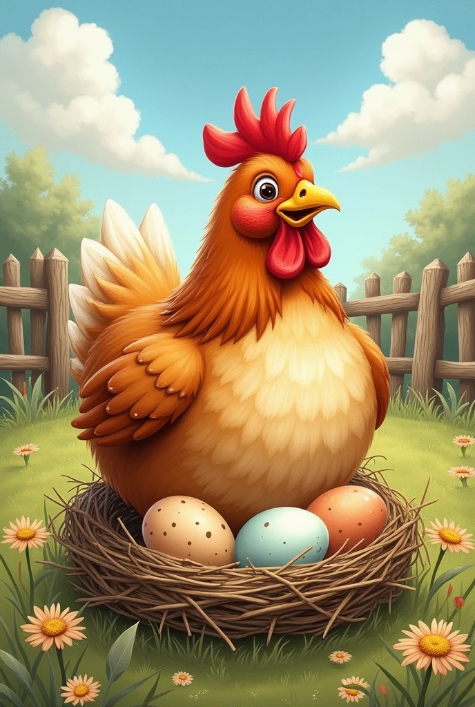 A hen with eggs in a drawing 