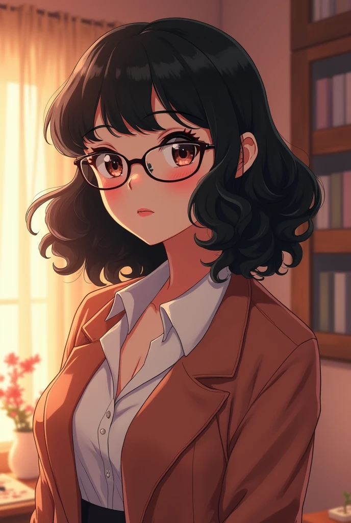 A girl with black curly hair, with innocent eyes with a black doll mouth, with a slightly plump but well-defined body, with white and pink skin, adult who wears glasses and in a room, make her in anime mode medium hair 