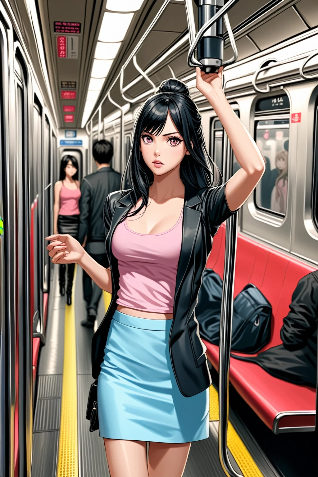 realistic anime illustration of pretty woman is boarding on metro train, yellow seats, she has black long hair (+swept-side bangs, bun on top of her head), wears black round collared jacket, pink tanktop, light-blue pencil micro skirt, (1girl, solo, full body), (masterpiece, best quality, japanese anime style), (expressive eyes, perfect face), BREAK, (black round collared jacket, pink tanktop, light-blue pencil micro skirt)
