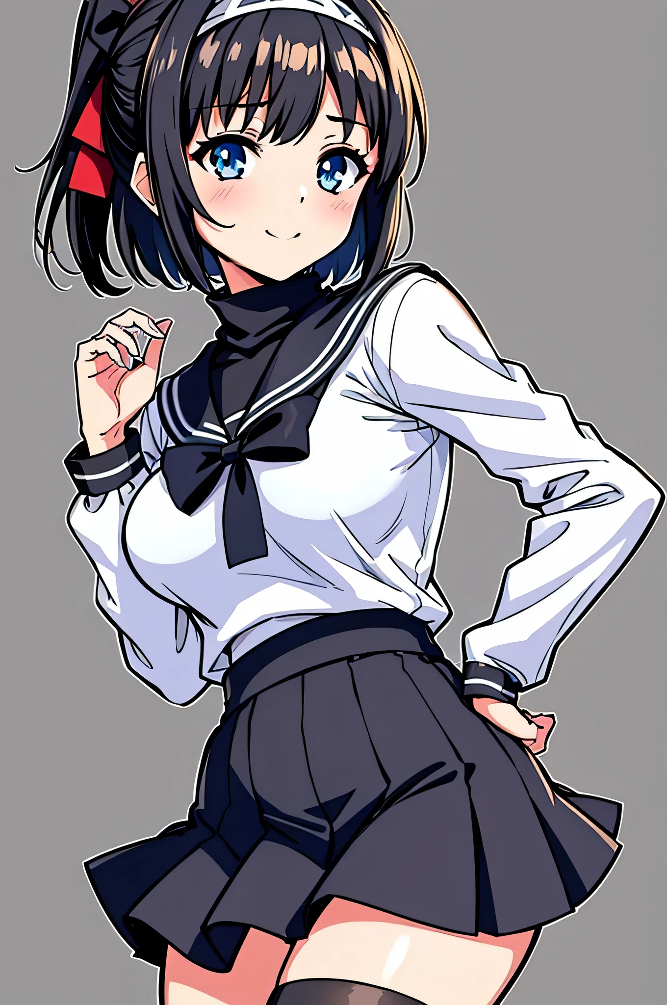 all intricate details, masterpiece, best quality, highres, 1girl, solo, jewelry, skirt, sweater, necklace, black skirt, black hair, short hair, ribbed sweater, socks, turtleneck sweater, turtleneck, white socks, blue eyes, long sleeves, pleated skirt, ribbon, breasts, bow, hair ribbon, hairband, hair bow, bangs, firm breasts, medium breasts, sarashina ruka, cowboy shot, smile, random sexy angle.
