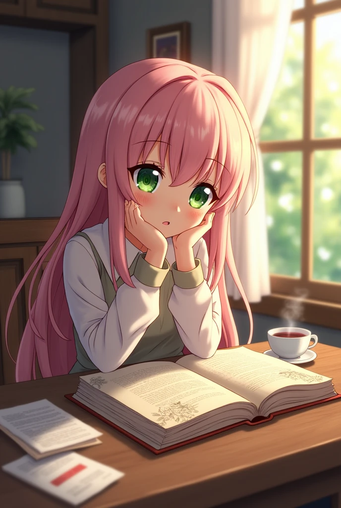 an anime girl sitting at the table with an open book on top and she is looking at some random place as if she is thinking, 1280 by 720p