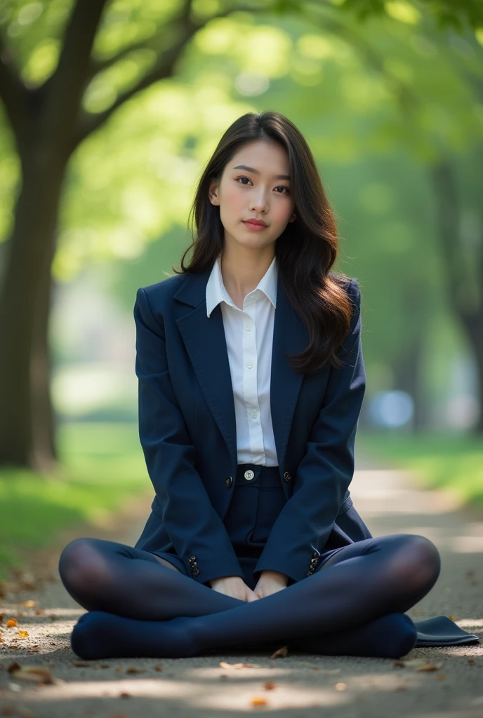 Best quality, full body portrait, delicate face, pretty face, 16 year old woman, slim figure, large bust, OL uniform, office clothes, navy blue stockings, no shoes, outdoor scene, sitting position on floor