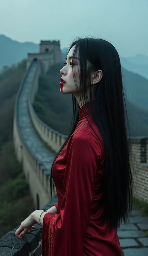 A Chinese vampire woman with pale, porcelain skin and long, straight black hair, her lips stained with fresh blood as it drips down her chin. She wears a traditional, deep red cheongsam, now splattered with blood. The setting is the Great Wall of China under a dark, starless sky, with the ancient stone structure stretching endlessly behind her. She stands on the wall, having just fed, the wind sweeping through the mountains as she gazes into the distance.