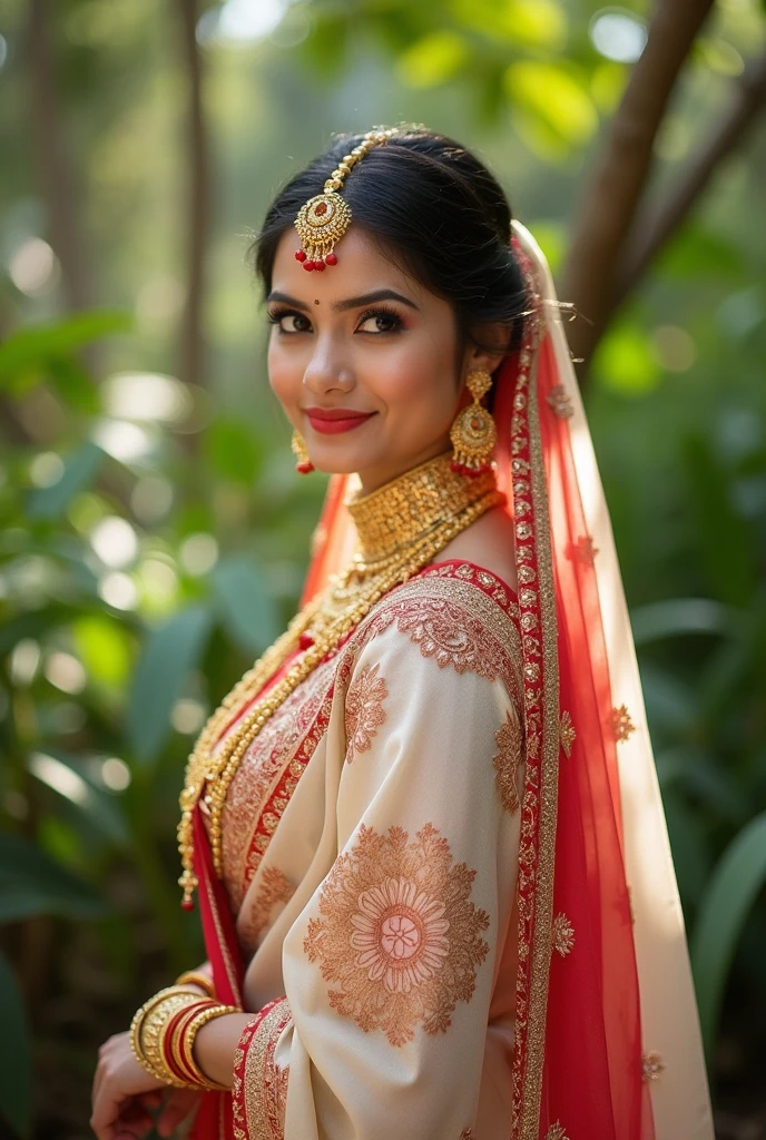 a woman in a white and red sari with gold jewelry, traditional beauty, traditional makeup, assamese aesthetic, wearing bihu dress mekhela sador, with professional makeup, with lovely look, indian style, very beautiful enga style, wearing gold jewellery, red and golden color details, coy expression wearing intricate, candid photograph, candid picture, traditional female hairstyles