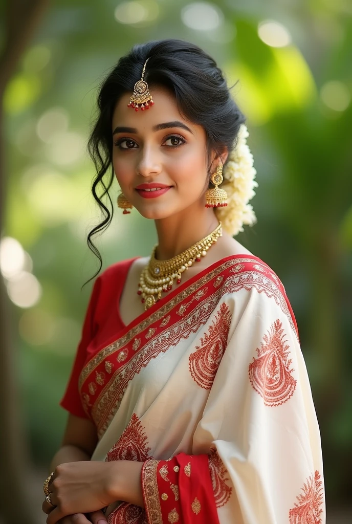 a woman in a white and red sari with gold jewelry, traditional beauty, traditional makeup, assamese aesthetic, wearing bihu dress mekhela sador, with professional makeup, with lovely look, indian style, very beautiful enga style, wearing gold jewellery, red and golden color details, coy expression wearing intricate, candid photograph, candid picture, traditional female hairstyles