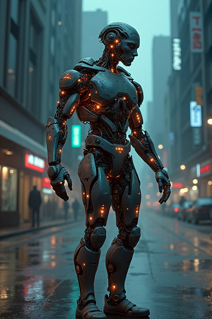 : A man with body parts made of gears, circuits and screens, in constant transformation between flesh and machine. Human parts may appear fragmented or worn out, while the mechanical parts shine brightly.