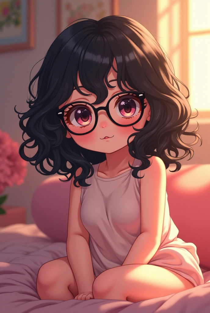 A girl with black curly hair, with innocent eyes with a black doll mouth, with a slightly plump but well-defined body, with white and pink skin, adult who wears glasses and in a room, make her in anime mode medium hair