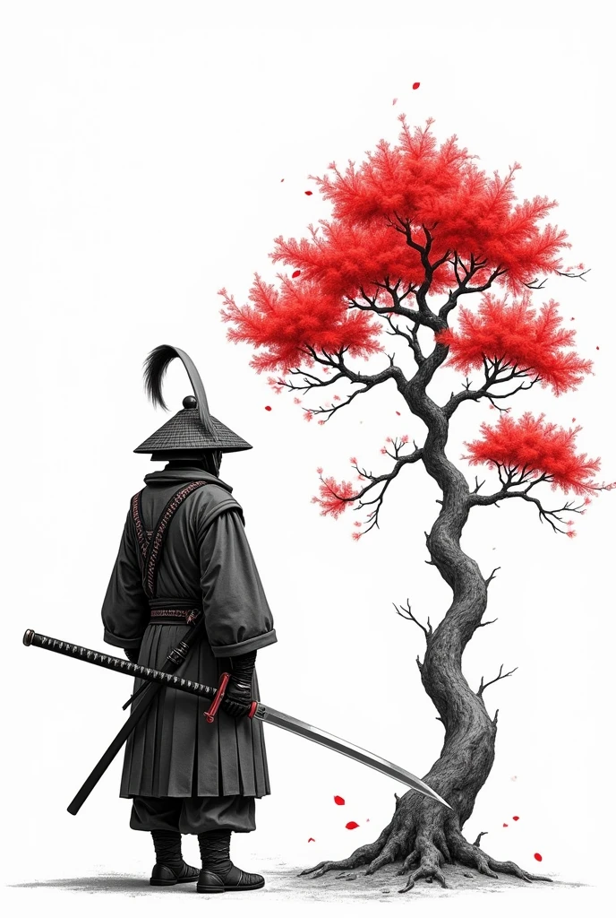 A samurai warrior with a heavy aura with a sword in his hand, facing a bonsai he is facing away the sword in his hand is lowered and the bonsai is dropping leaves. with simple black and white lines only the bonsai is red the bonsai is in front of it on the ground the bonsai is bigger than it the bonsai has no raises on top