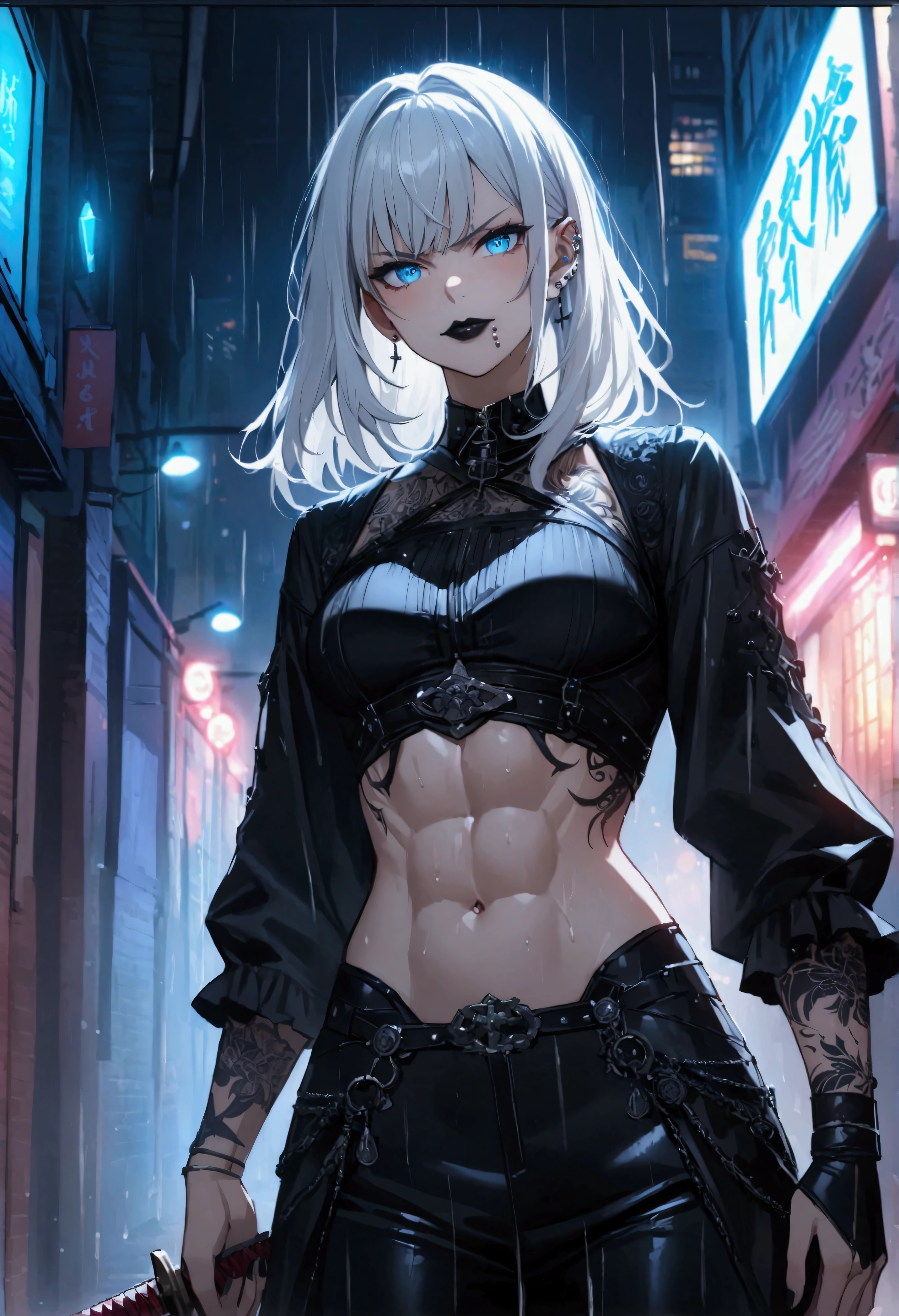 (anime women), dark outfit with red and blue details, white hair with black bangs, (neon blue dragon eyes) standing in a rain soaked, city alley at night, cinematic lighting (best quality:1.2)detailed, neon lights, vivid colors,bokeh, angry looking face with smirk on mouth, piercing, ABS, ((piercing)), gaze, 4k, particles in the air, powers, amazing art work full of details, dynamic movement, (black lips), with katana, tattoos