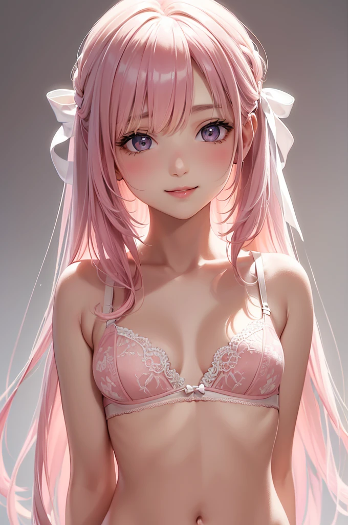 Best Quality,High resolution,8k,finelity detailed background,Masterpiece:1.2),beautiful girl,Shiny pink hair,asymmetrical hair,Pink eyes,Gentle look,A refreshing look,smile,Best quality,Best Quality,Aesthetic and aesthetic:1.2,Best details((Super detailed))(High-definition CG illustrations),Upper Body,Dark grey underwear,Slender body,night,moon,Bedroom,On the bed,smile,blush,cute,Scrounge,Looking up,Being spoiled,super model,wariza,shoot from,below