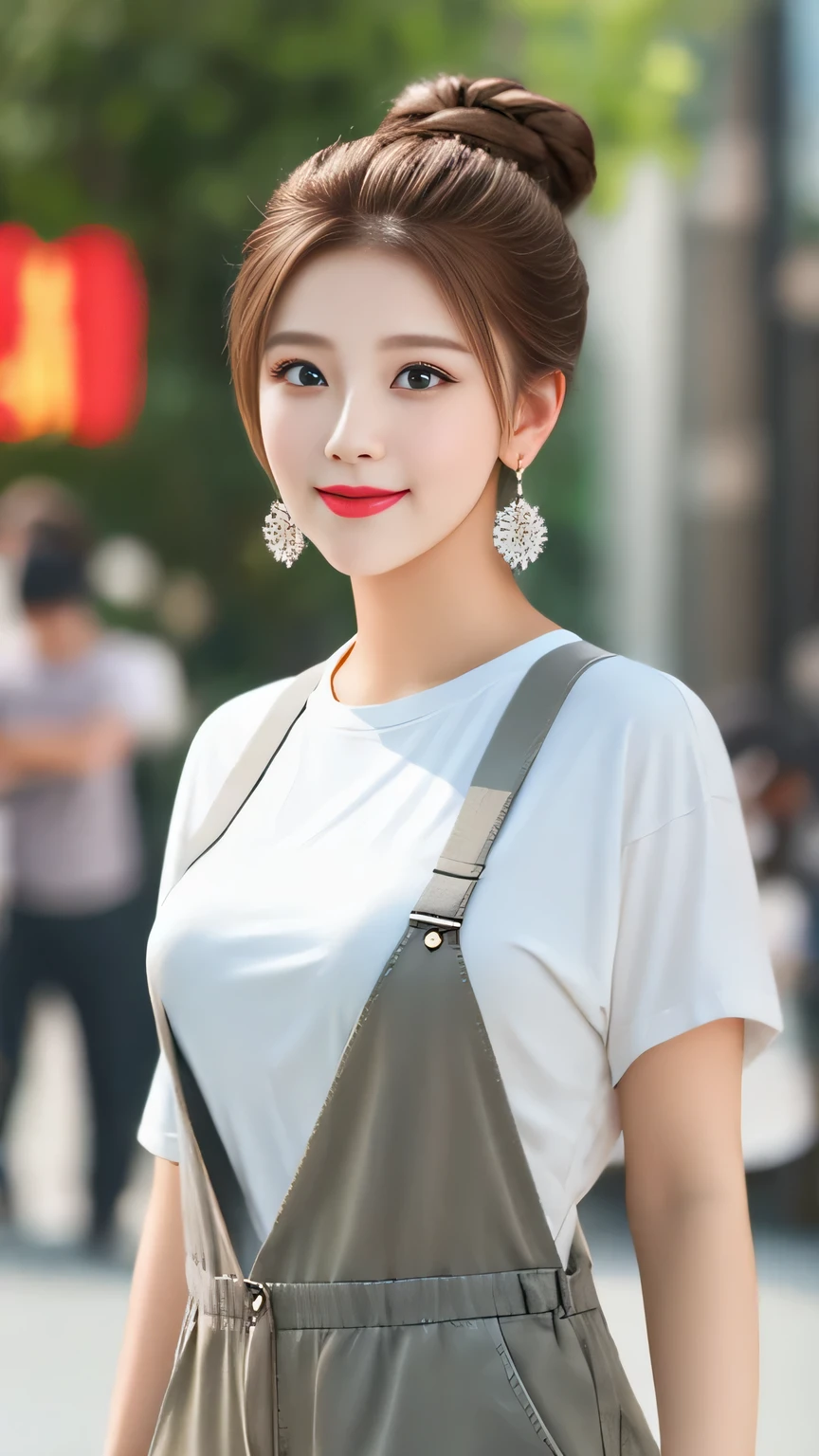 light brown hair, hair bun, amber eyes, crystal earrings, light smile, depth of field, uhd, masterpiece, best quality, 8k, beautician、Light makeup, A loose fitting black t-shirt、BREAK Light khaki overalls、Facing forward、Watching the audience、Bust up shot、background:Beauty Salon、Heading this way、