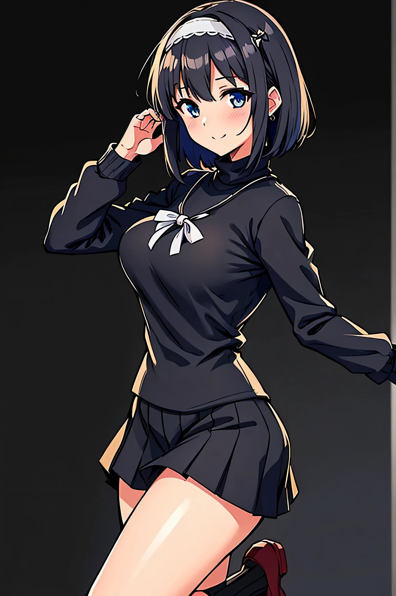 all intricate details, masterpiece, best quality, highres, 1girl, solo, jewelry, skirt, sweater, necklace, black skirt, black hair, short hair, ribbed sweater, socks, turtleneck sweater, turtleneck, white socks, blue eyes,  long sleeves, pleated skirt, ribbon, breasts, bow, hair ribbon, hairband, hair bow, bangs, firm breasts, medium breasts, sarashina ruka, cowboy shot, smile, random sexy angle.