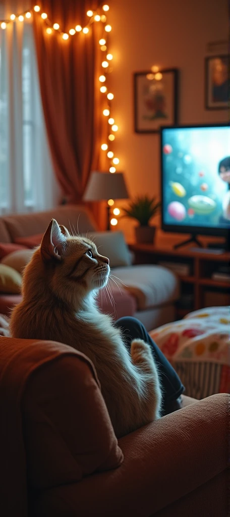 Humanoid cat watching tv show half human cat with long hair and human body 