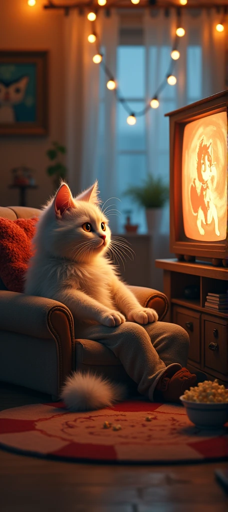 Humanoid cat watching tv show half human cat with long hair and human body