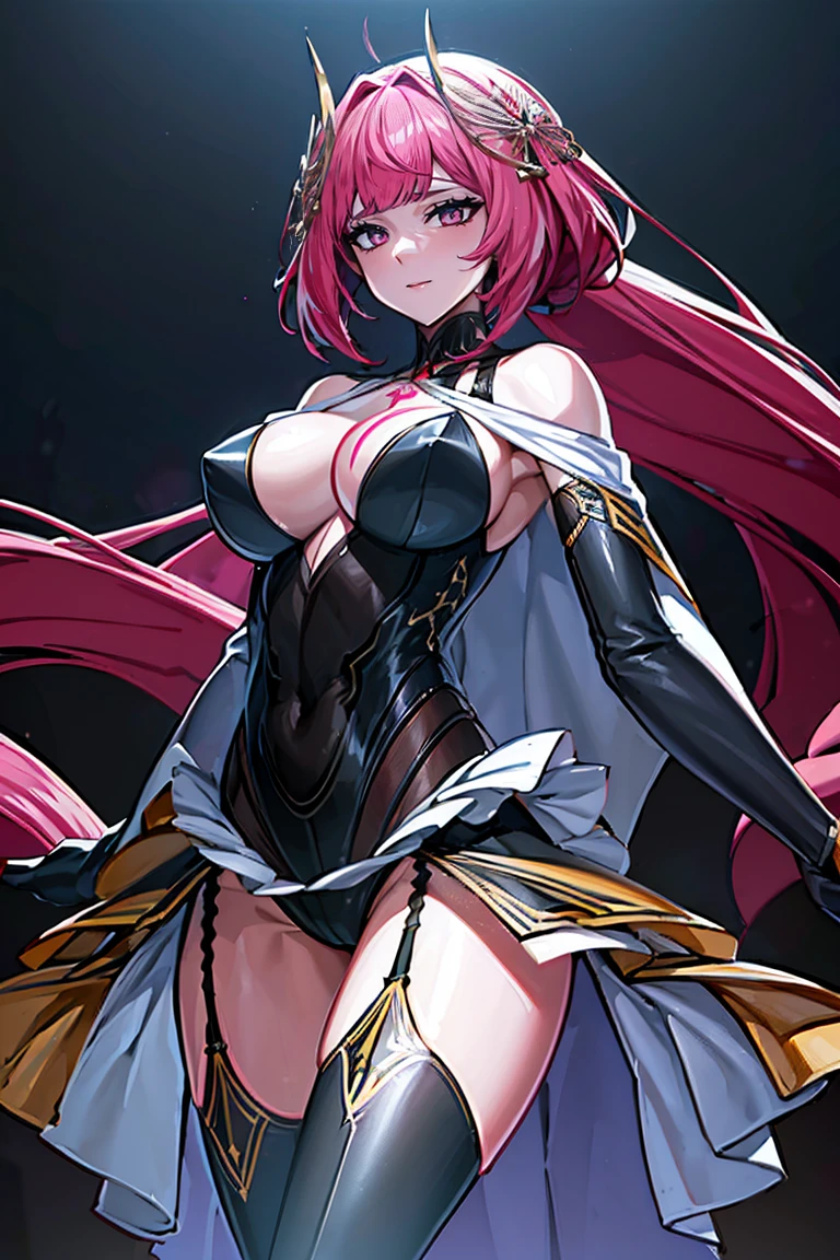 Smooth and Flawless Skin, Expressive and Captivating Eyes, Well-Defined Facial Features, Radiant and Healthy Glow, Perfectly Proportioned Face, Graceful and Symmetrical Features, Fine Details and Realistic Texture, cute face, absurdres, vivid color, beautiful portrait of cute anime girls, anime best girl, anime screencap, anime style, finely detailed, insanely detailed, exquisite, fantastic, amazing quality, top quality, professional quality, high quality, finely quality, official art, production art, super detailed skin, clear eyes, light eyes, light image, gleaming skin, oil skin, shiny skin, accurate face parts, cinematic, extremely detailed beautiful face and eyes, fair skin, 16k, 32k, 16k portrait, 32k portrait, masterpiece, Highest quality, ultra Detailed beautiful face and eyes, Detailed eyes, High resolution, beautiful, super fine illustration, extremely detailed unity cg 8k wallpaper, fearless face, perfect eyes, deep detailed eyes, perfect face, low ponytail, pink hair, hair ornament, pink eyes, leotard, zipper, white showgirl skirt, bare shoulder, thighighs, thigh high boots, bare thighs, cleavage, cleavage cutout, adult face, elbow gloves, jewelry, garter belt, garter straps, (((chest red tattoo))), hair between eyes, evil grin, perfect hands, perfect fingers, five finger, four finger and one thumb, skin tight, straight bangs, beautiful hair, (((very long skirt))), sexy, (((short cape))), cowboy shot, perfect proportion, perfect anatomy, perfect female body, (((arms down))), both arms, two arms, perfect arms, voluptuous,