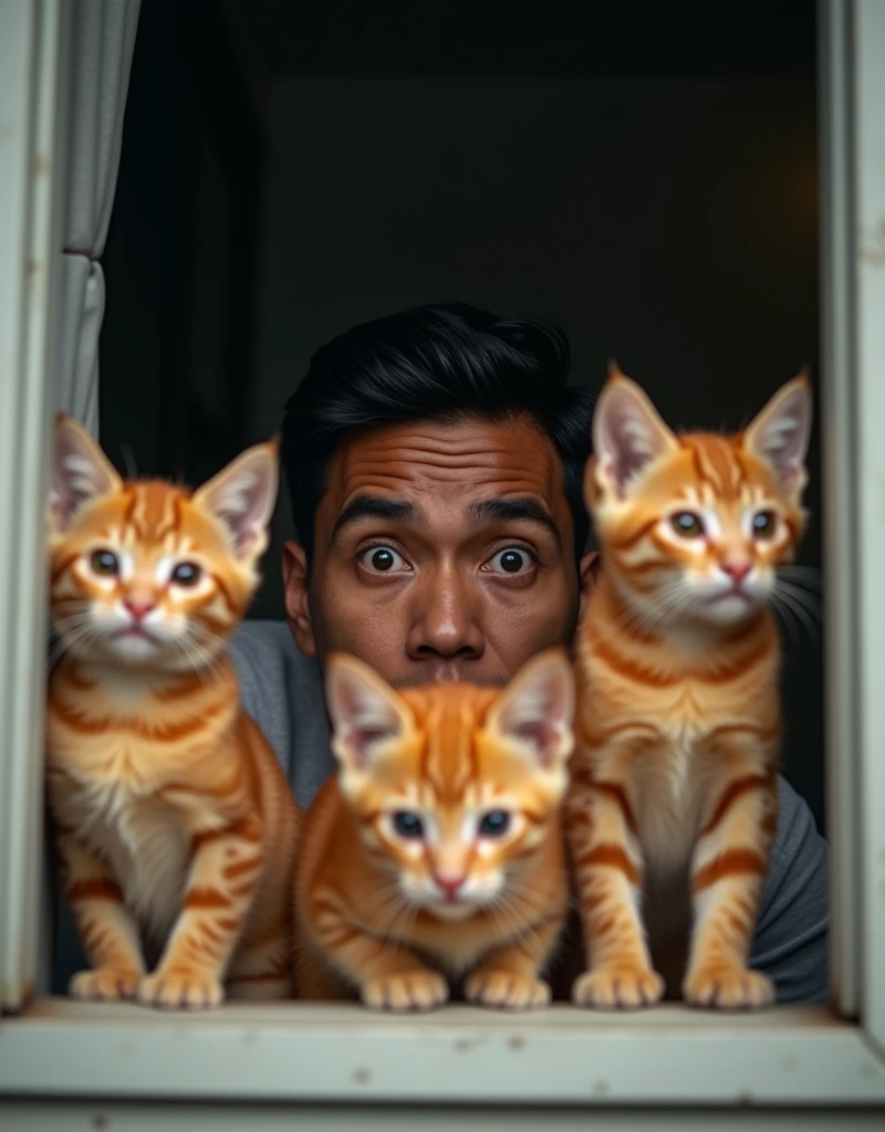 Real photo. an Indonesian young man 30 last years with a face peeking at something from a window wall, only his eyes and hands were glaring curiously as if shocked to see something strange along with 3 orange cats with shocked expressions. Ultra-realistic 8K photo, taken with Leica Q2, strong color contrast and sharp clarity --ar 9:16 --quality 2 --