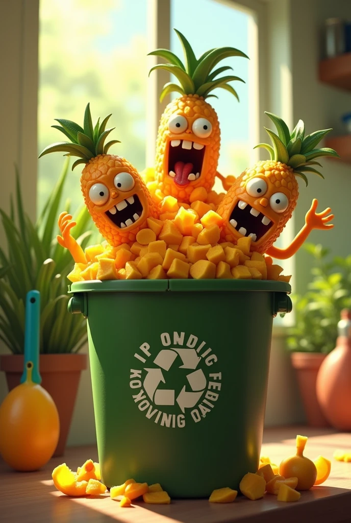 (animated style) Tropical fruit peels reborn as zombies from a bin with the organic waste logo on it