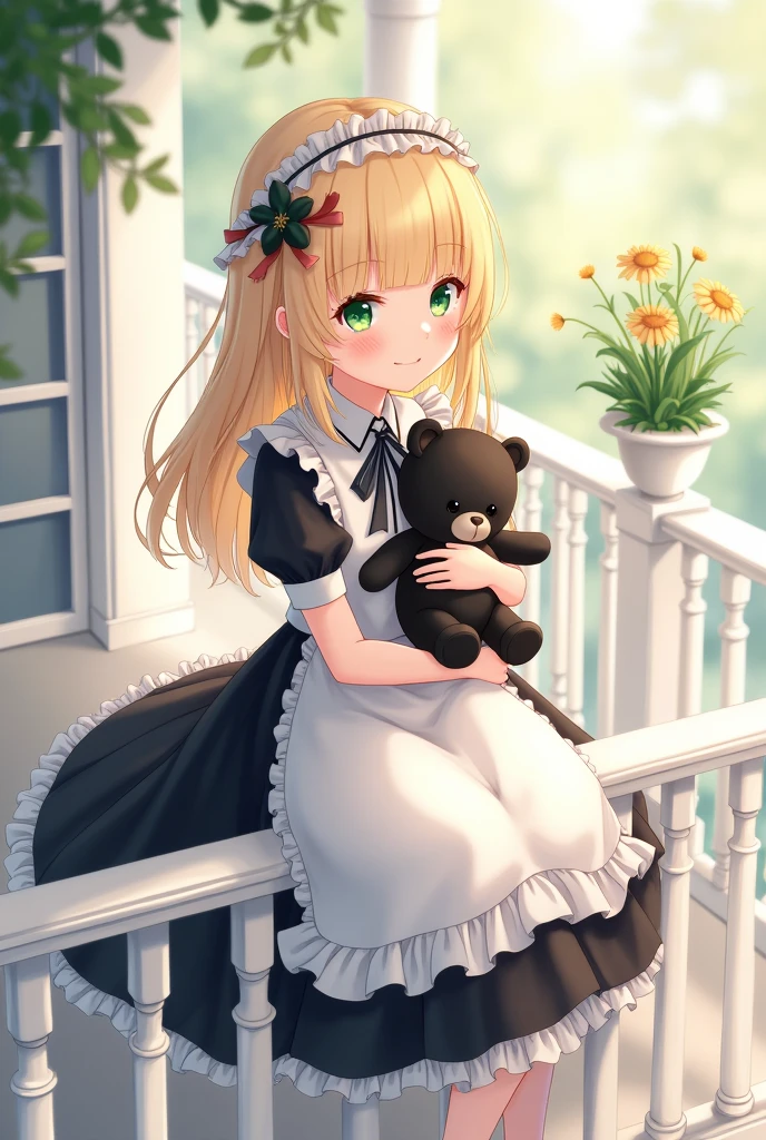 , medium long straight light blonde hair, green eyes, She also has a slight blush on her face., He wears elegant but modest clothes, like a black and white dress, He also carries a black teddy bear, She is sitting on a white balcony. anime style.