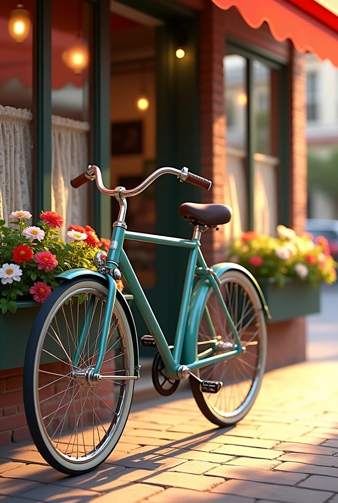 Clear and detailed bicycle parked next to a coffee shop Detailed and intricate perfect artistic illustration Slim realistic high detail Best quality ( Correct and perfect anatomy ) Ultra-detailed animation art and visual effects masters perfectly compose intricate digital art