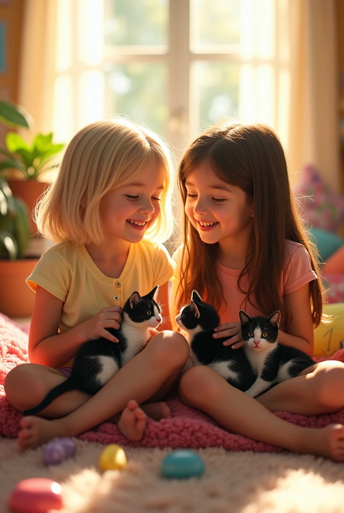 Create an illustration of two girls from . Year. Jedna ima diety blone kosu, short hair, a little below the shoulder. Druga ima dugu braon kosu do stomaka. One su besties. Together they pet the little black and white kittens