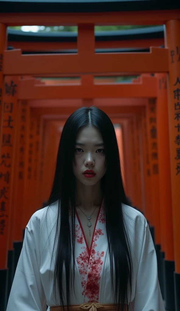 A Japanese vampire woman with a flawless, pale complexion and long, silky black hair cascading down her back, her lips smeared with the blood of her latest prey. She is dressed in a traditional white kimono, now stained with crimson, standing in front of the iconic Fushimi Inari Taisha. The torii gates stretch out behind her into the night, creating a labyrinth of shadows as she prowls through the sacred site under the dim light of the moon.