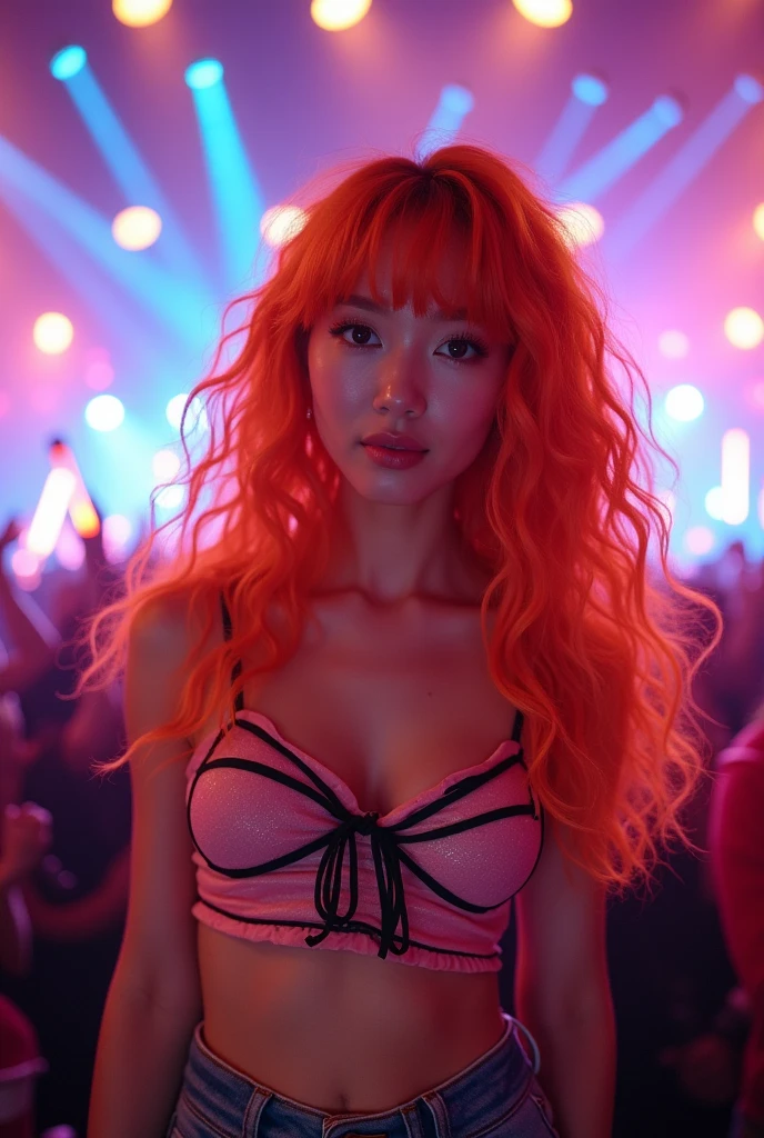 a kpop idol with orange curly hair, with fringes