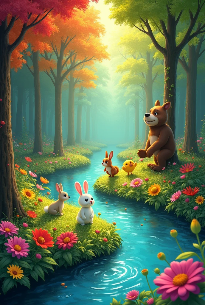Title: The Forest of Colors In a very place, far away, There was a magical forest where the trees, The flowers and even the animals had bright and different colors.. The sun always shone, and the river sang a soft melody that all the inhabitants of the forest adored.
Characters:
• Manager: A curious and brave white bunny.
• Solin: A very happy and wise little yellow bird.
•	Canelo: A very strong and kind little brown bear.
• Star: A little red squirrel who was very quick and clever.