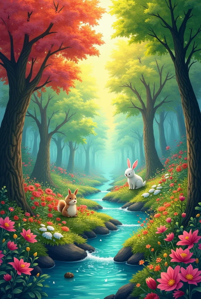 Title: The Forest of Colors In a very place, far away, There was a magical forest where the trees, The flowers and even the animals had bright and different colors.. The sun always shone, and the river sang a soft melody that all the inhabitants of the forest adored.
Characters:
• Manager: A curious and brave white bunny.
• Solin: A very happy and wise little yellow bird.
• Canelo: A very strong and kind little brown bear.
• Star: A little red squirrel who was very quick and clever.
