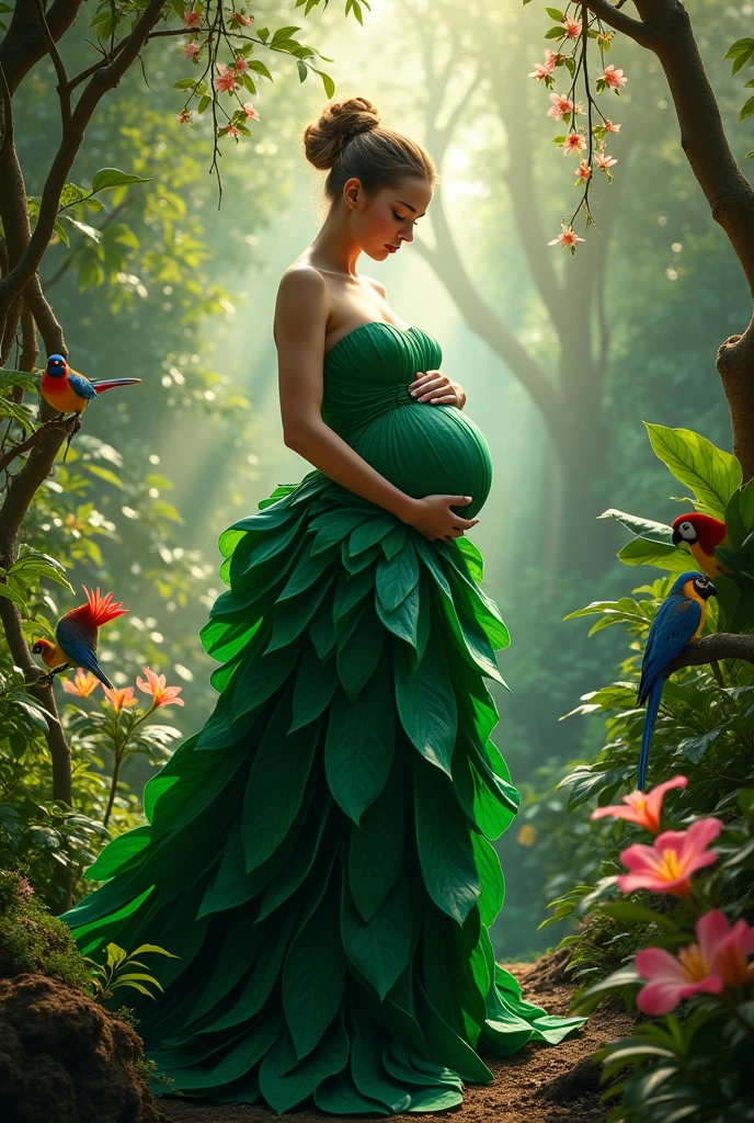 princess maternity in jungle . wearing a leaf made dress