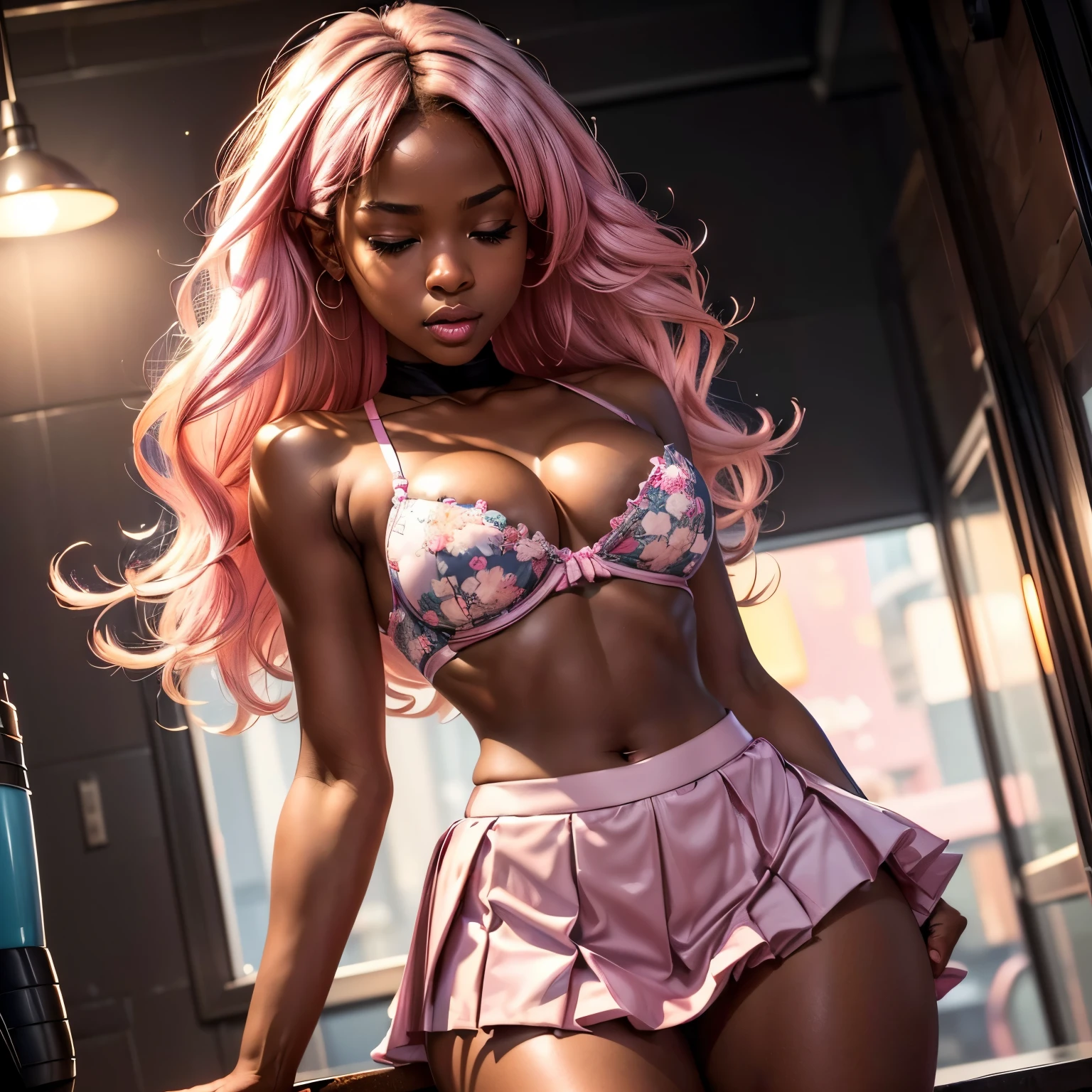 dark skin girl, blue eyes, blond hair, night time, (totally realistic), (very hot), (cleavage), (breasts), (very wide hips), (so sweet), temptation), (very round ass), ((no belly)), ((flat belly)), ((ultra thin waist)), (white pleated skirt), wide shot, (pink floral bra 1.1), (tone abs:1.0), (shoulders back:1.1), (looking at me:1.5) (Masterpiece, Professional lighting, 16k, 8k wallpaper, raw photo, photorealistic:1.8, ultra detailed, natural lighting, detailed skin sexy pose, open mouth, big lips, view from above, night time, eyes closed, pink light, steam, pink foam "good girl", neon light, thick thighs, lollipop