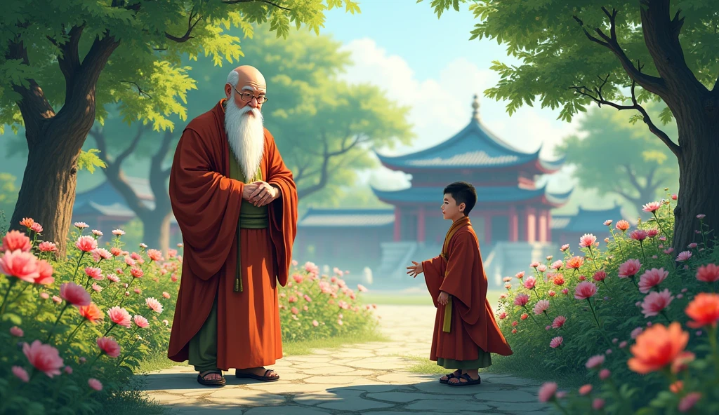 An wisdom full old fat Chinese monk standing at beautiful garden, a middle adulthood monk student approach towards old monk master, flowers, surrounded by temples, beautiful scenario, trees, in anime style