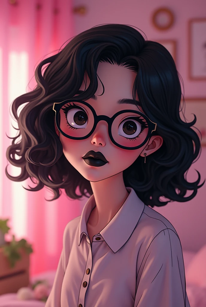 A girl with black curly hair, with innocent eyes with a black doll mouth, with a slightly plump but well-defined body, with white and pink skin, adult who wears glasses and in a room, make her in anime mode medium hair hentai face