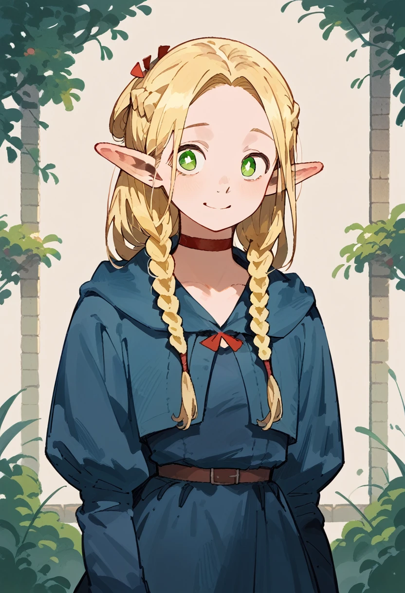 1girl, best quality, [masterpiece], from the waist up, twin braids, red choker, marcille donato, bright pupils, green eyes, parted bangs, blonde hair, elf, soft smile, blue robe