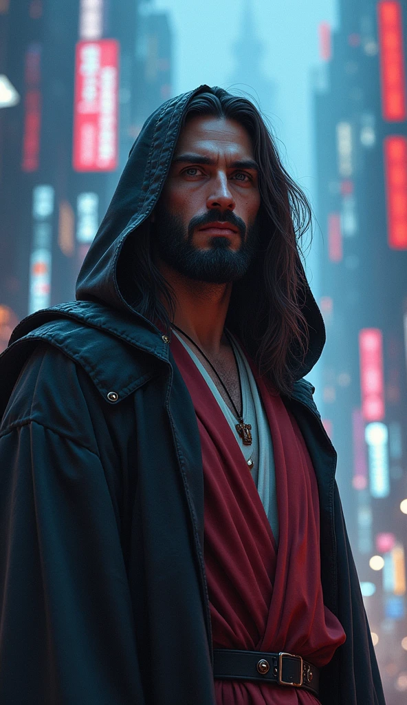 Man with long hair and hood on his head, Retrato de Jesus Christ, Jesus Christ, face of Jesus, Vestido como Jesus Christ, jesus of nazareth, Jesus, ultra realistic digital painting, handsome male face, beautiful impressive realistic, Jesus Christ em Mass Effect, handsome male, handsome man, handsome young man, holes in a religious man, Cyberpunk Jesus Christ