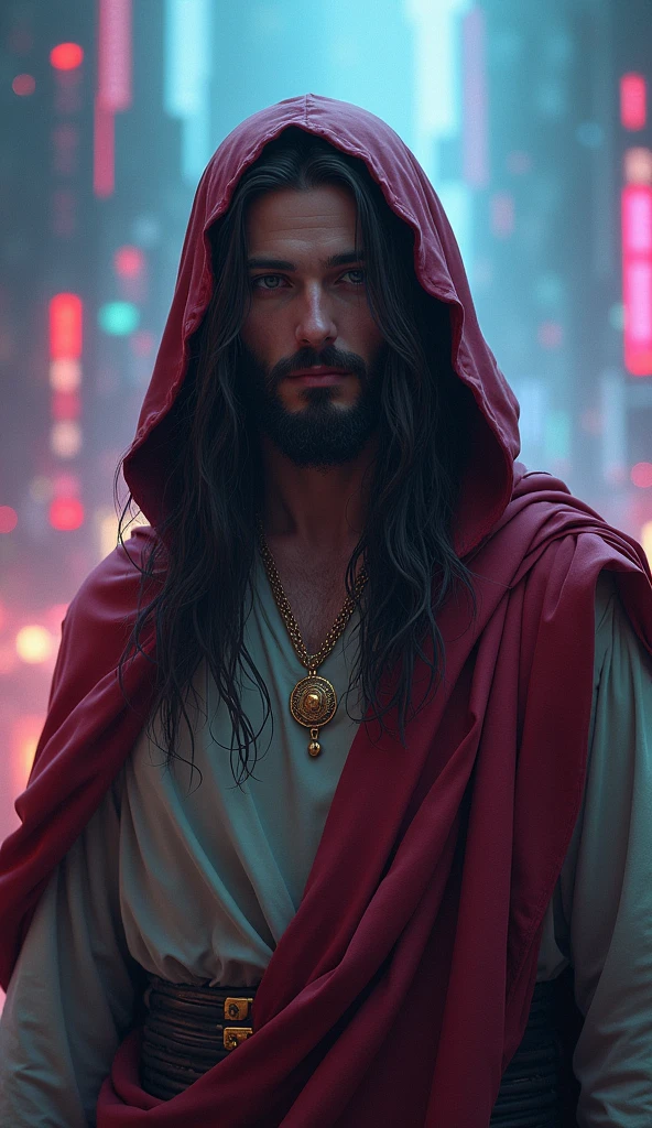 Man with long hair and hood on his head, Retrato de Jesus Christ, Jesus Christ, face of Jesus, Vestido como Jesus Christ, jesus of nazareth, Jesus, ultra realistic digital painting, handsome male face, beautiful impressive realistic, Jesus Christ em Mass Effect, handsome male, handsome man, handsome young man, holes in a religious man, Cyberpunk Jesus Christ
