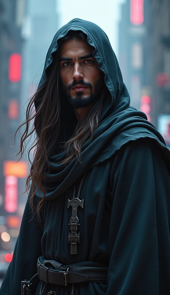Man with long hair and hood on his head, Retrato de Jesus Christ, Jesus Christ, face of Jesus, Vestido como Jesus Christ, jesus of nazareth, Jesus, ultra realistic digital painting, handsome male face, beautiful impressive realistic, Jesus Christ em Mass Effect, handsome male, handsome man, handsome young man, holes in a religious man, Cyberpunk Jesus Christ