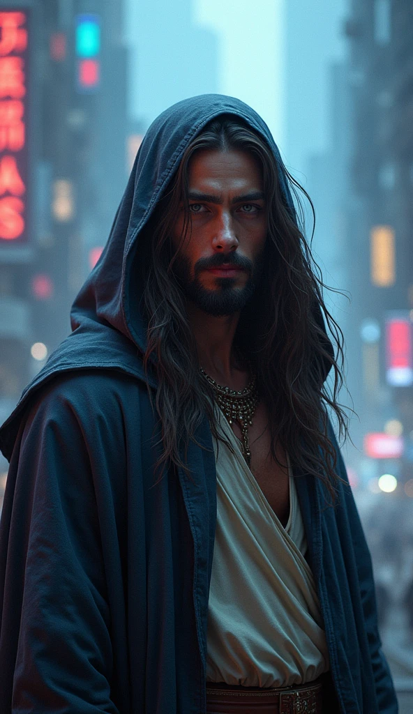 Man with long hair and hood on his head, Retrato de Jesus Christ, Jesus Christ, face of Jesus, Vestido como Jesus Christ, jesus of nazareth, Jesus, ultra realistic digital painting, handsome male face, beautiful impressive realistic, Jesus Christ em Mass Effect, handsome male, handsome man, handsome young man, holes in a religious man, Cyberpunk Jesus Christ