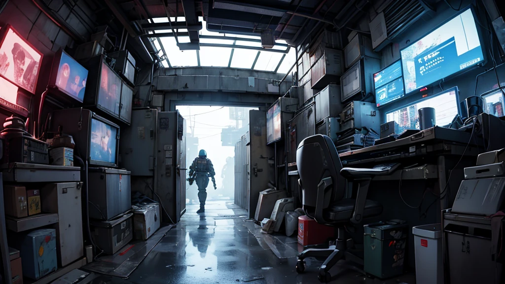 military compound gate, cyberpunk soliders, ultrawide, fisheye