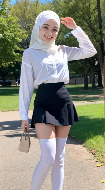 12 year old turkish girl wearing hijab, white shirt, black tight mini skirt, white beautiful kneesocks in the park a sweet smile, big legs, short girl, fat legs, only white kneesocks