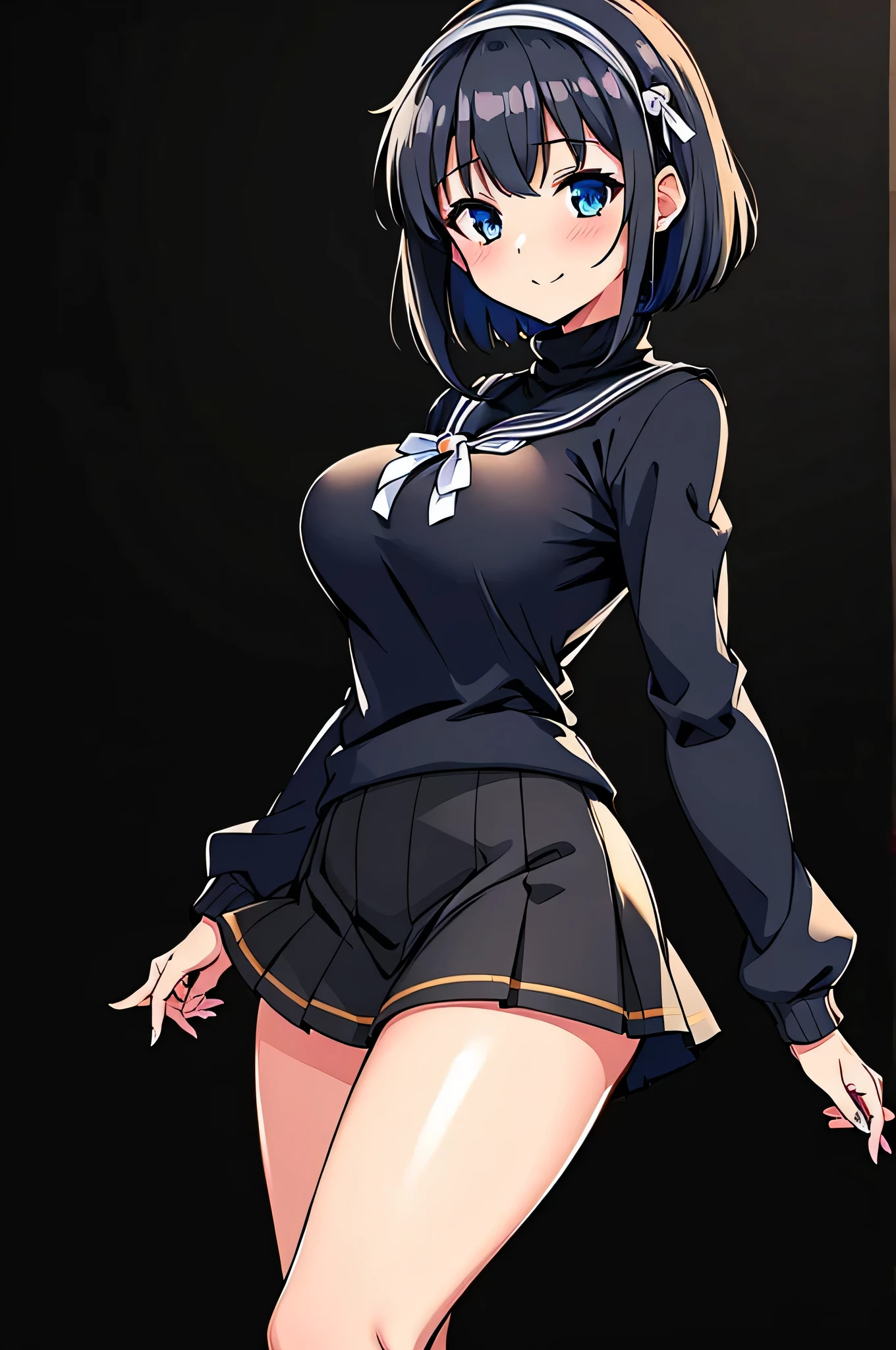 all intricate details, masterpiece, best quality, highres, 1girl, solo, jewelry, skirt, sweater, necklace, black skirt, black hair, short hair, ribbed sweater, socks, turtleneck sweater, turtleneck, white socks, blue eyes, long sleeves, pleated skirt, ribbon, breasts, bow, hair ribbon, hairband, hair bow, bangs, firm breasts, medium breasts, sarashina ruka, cowboy shot, smile, random sexy angle.