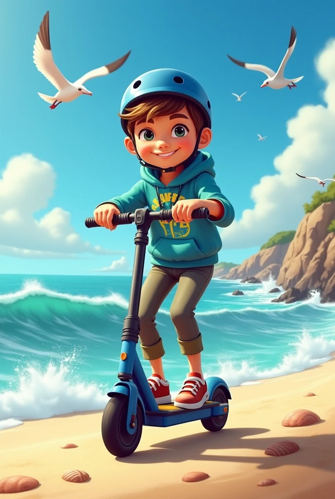 A boy avatar on an electric scooter riding in front of the sea
