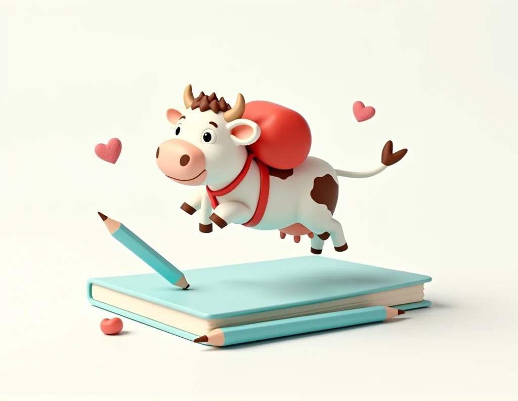 A white cow with its brown spots, mer, with positions linked to a stationery brand, some positions would be with a blue writing pencil, in 3d the drawing. cow with small horn and red backpack on her back, flying over a notebook, as if the notebook were a magic carpet, em png, white background, no images other than the figure 