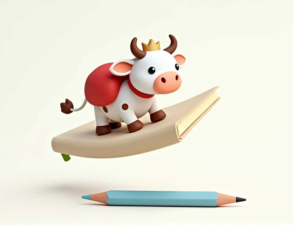 A white cow with its brown spots, mer, with positions linked to a stationery brand, some positions would be with a blue writing pencil, in 3d the drawing. cow with small horn and red backpack on her back, flying over a notebook, as if the notebook were a magic carpet, em png, white background, no images other than the figure 